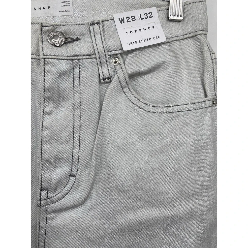 NWT Metallic silver‎ sparkly denim Top-shop straight jeans Size 28x32